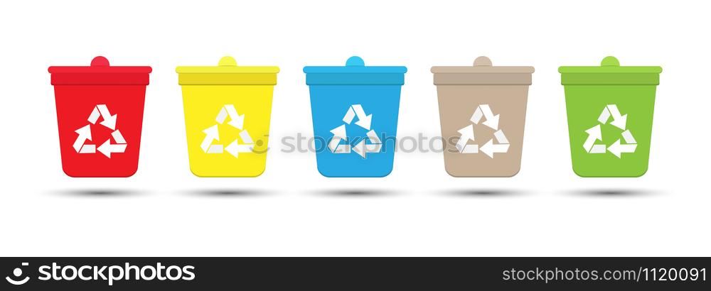 Set of colored tanks for separate waste collection. Each box is for different waste. Isolated on white background.