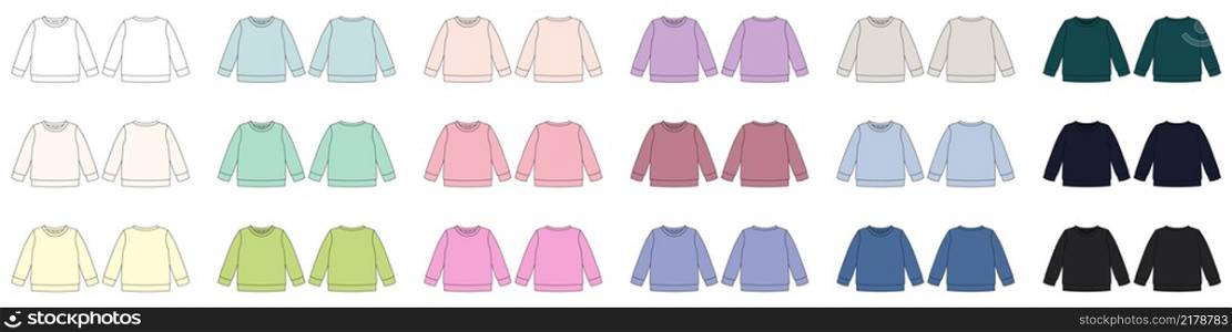 Set of colored technical sketch sweatshirt. Kids wear jumper design template collection. Front and back view. Different colors. Front and back view. CAD fashion design. Set of colored technical sketch sweatshirt. Kids wear jumper design template collection.
