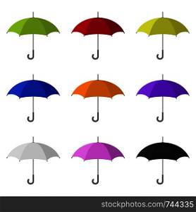 Set of Colored Umbrella Icons isolated on white background. Flat Style. Vector illustration for Your Design. Set of Colored Umbrella Icons isolated on white background. Flat Style. Vector illustration for Your Design.