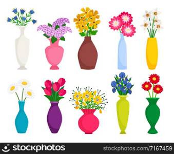 Set of colored vases with blooming flowers for decoration and interior. Chamomile, tulip, poppy and lilac. Vector illustration. Set of colored vases with blooming flowers for decoration and interior