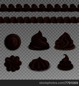 Set of colored whipped cream realistiic transparent composition with chocolate for baking vector illustration. Whipped Cream Realistiic Transparent Composition