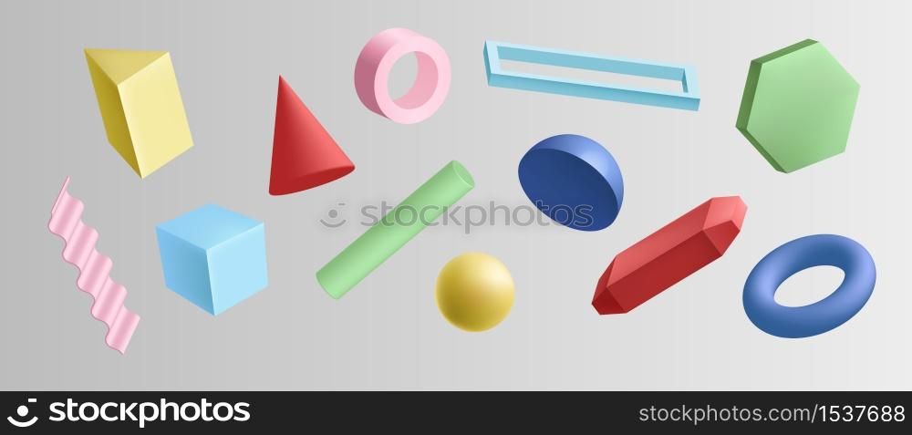 Set of colorful 3d geometric shapes isolated on white background. Collection of different abstract simple geometry design element vector graphic illustration. Glossy shape in motion. Set of colorful 3d geometric shapes isolated on white background