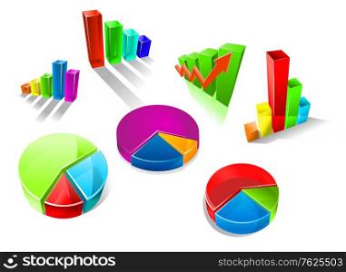 Set of colorful 3d graphs and charts with seven different bar graphs and pie charts with shadows or reflections. Set of colorful 3d graphs and charts