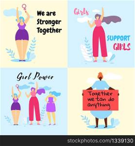 Set of Colorful Banner with Brave Feminist Girls Struggle for Women Rights, Feminism Quotes. Girl Power, Feminine Idea, Woman Empowerment. Womans Day Greeting Cards. Cartoon Flat Vector Illustration. Set of Colorful Banner with Brave Feminist Girls