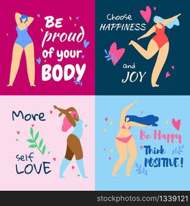 Set of Colorful Banners with Body Positive Motivation Quotes and Beautiful Multiracial Dancing Girls Characters in Bikini and Swimwear on Multicolored Background. Cartoon Flat Vector Illustration.. Set of Banners with Body Positive Dancing Girls