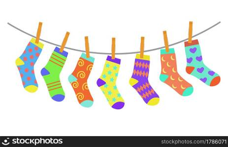 Set of colorful bright children socks drying on the clothesline. Vector illustration in flat style.. Set of colorful bright children socks drying on the clothesline. Vector illustration in flat style