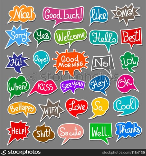 set of colorful bubbles speech stickers with short message, phrases and text. bubbles speech stickers
