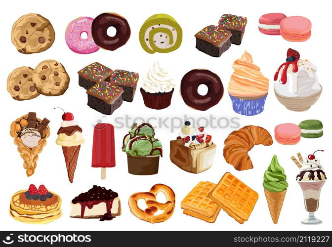 Set of colorful cartoon bakery and dessert. Vector illustration.