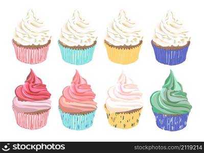 Set of colorful cartoon cupcake isolated for your design. Vector illustration.