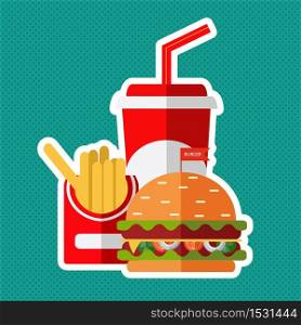 Set of colorful cartoon fast food icons. Isolated vector.. Fast food vector. A group of friendly Fast Food meals. Flat design