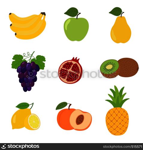 Set of colorful cartoon fruit icons apple, pear, peach, banana, grapes, kiwi, lemon, pomegranate, pineapple.