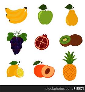 Set of colorful cartoon fruit icons apple, pear, peach, banana, grapes, kiwi, lemon, pomegranate, pineapple.