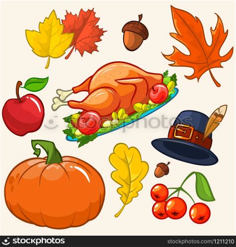 Set of colorful cartoon icons for thanksgiving day: pumpkin, autumn leaves, pilgrim hat, turkey, akorn, apple, cranberries