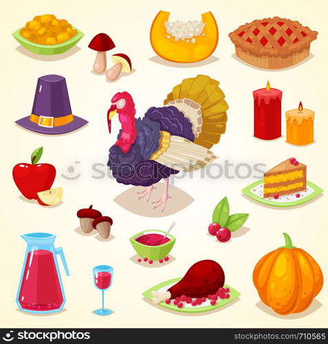 Set of colorful cartoon object for thanksgiving day.Vector illustration.