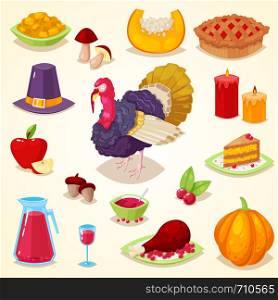 Set of colorful cartoon object for thanksgiving day.Vector illustration.