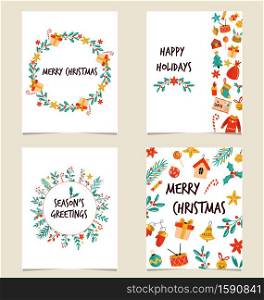 Set of colorful Christmas cards with decorative elements, wreathes. Holiday collection of banners. Set of colorful Christmas cards with decorative elements, wreathes