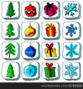 Set of colorful Christmas sketch icons with baubles and gifts