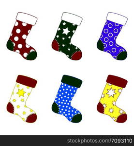 Set of Colorful Christmas Socks. Different Sockings in Cartoon Flat Style. Vector illustration for Your Design.