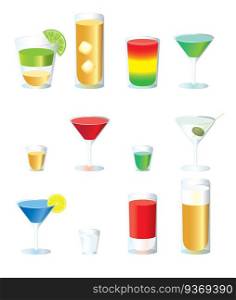 Set of colorful cocktails with lemon and olive