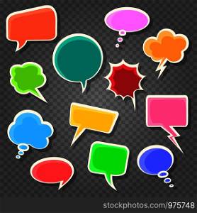 Set of colorful comic speach bubbles with shadows. Retro pop art elements on transparent background. Vector illustration.