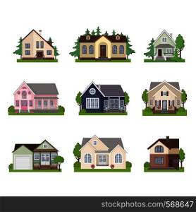 Set of colorful cottage houses isolated on white background. Flat Design Urban Landscape. Modern building architecture icon. Vector Illustration.. Set of cottage house icons in flat style.