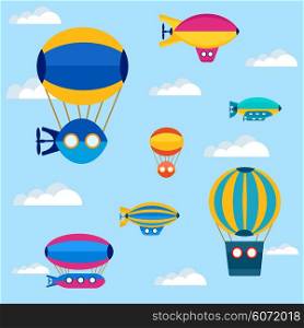 Set of colorful cute balloon, balloon and airship. Color illustration of a set of airships and aeronautical assets in a flat style.