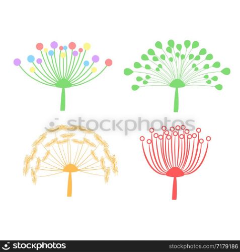set of colorful dandelion fluff isolated on white, stock vector illustration