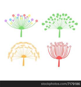 set of colorful dandelion fluff isolated on white, stock vector illustration