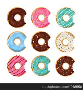 Set of colorful Donuts with a mouth bite isolated on white background. Top View Doughnuts collection into glaze for menu design, cafe decoration, delivery box. vector illustration in flat style. Set of cartoon donuts