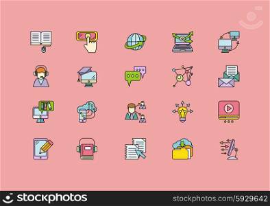 Set of colorful e-learning thin, lines, outline, strokes icons. Elements of the process of communication in e-education student, teacher computer on pink background. For web and mobile applications