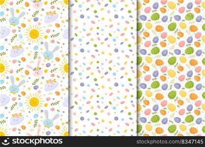Set of colorful Easter seamless patterns. Bright multicolored Easter elements on a white background. Ideal for printing on fabric, wrapping paper, covers, etc. Vector illustration. Set of colorful Easter seamless patterns. Bright multicolored Easter elements on a white background.