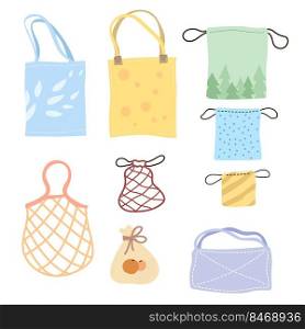 Set of colorful eco bags cartoon vector illustration. Various kits, totes, cotton nets for bulking products made of eco-friendly materials for reusable use. Shopping, zero waste, environment concept