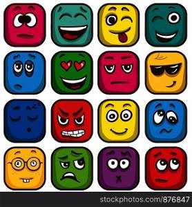 Set of colorful emoticons, square emoji flat. Vector Illustration.. Set of colorful emoticons, square emoji flat.
