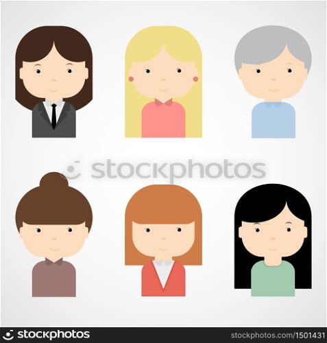 Set of colorful female faces icons. Trendy flat style. Funny cartoon characters. Vector illustration.