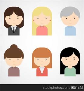 Set of colorful female faces icons. Trendy flat style. Funny cartoon characters. Vector illustration.