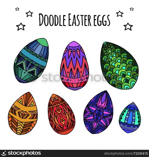Set of colorful festive doodle eggs with boho pattern. Vector element for greeting cards and your design. Set of colorful festive doodle eggs with boho pattern. Vector el