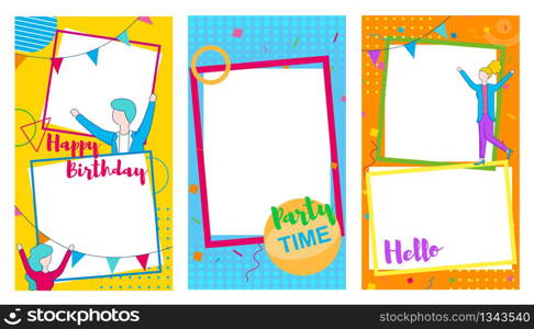 Set of Colorful Festive Frames with Copy Space and Happy Dancing People on Abstract Decorated Pattern. Greetings Inscription Happy Birthday. Party Time. Hello. Linear Flat Vector Cartoon Illustration.. Set of Festive Frames with Happy Dancing People.