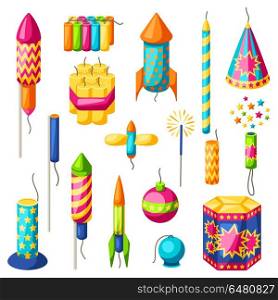 Set of colorful fireworks. Different types of pyrotechnics, salutes and firecrackers. Set of colorful fireworks. Different types of pyrotechnics, salutes and firecrackers.