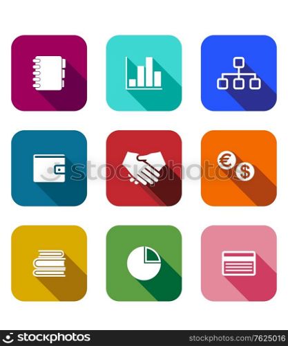 Set of colorful flat business icons on square web buttons