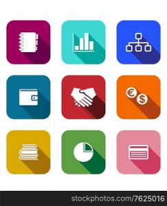 Set of colorful flat business icons on square web buttons
