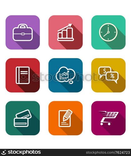 Set of colorful flat business web icons depicting a briefcase, bank card, graph, tablet, clock, sales, dollars, percent, trolley, cart and cloud computing. Set of business web icons