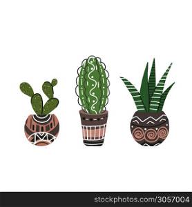 Set of colorful flat cactus and succulent in pots with decorations. Boho style. Vector doodle element for card, pins, sticker, card and your creativity.. Set of colorful flat cactus and succulent in pots with decorations. Boho style. Vector doodle element