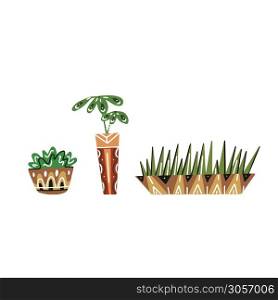Set of colorful flat house trees in pots with decorations. Grass, palm and basil. Boho style. Vector doodle element for card, pins, sticker, card and your creativity.. Set of colorful flat house trees in pots with decorations. Grass, palm and basil. Boho style. Vector doodle element