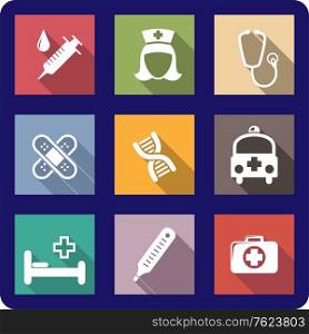 Set of colorful flat medical and healthcare icons depicting a syringe, nurse, stethoscope, bandages, plasters, DNA molecule, ambulance, hospital bed, thermometer and first aid kit