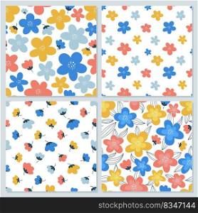 Set of colorful floral seamless patterns for printing onto fabric, wrapping paper, covers, etc. Vector illustration on a white background. Set of colorful floral seamless patterns for printing onto fabric, wrapping paper, covers, etc.