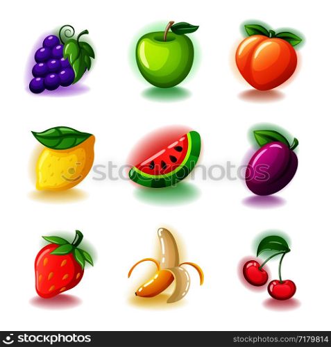 Set of colorful fruits - Glossy cherries, grapes, half-peeled banana, ripe strawberries, lemon, plum, watermelon, peach and green apple fruit icons isolated on white background isolated vector. Set of colorful fruits - Glossy cherries, grapes, half-peeled banana, ripe strawberries, lemon, plum, watermelon, peach and green apple fruit icons isolated on white vector