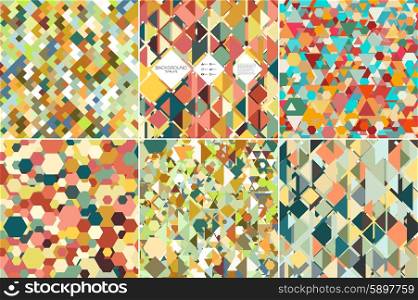 Set of colorful geometric backgrounds, abstract triangle-hexagonal-square patterns, vector illustration.