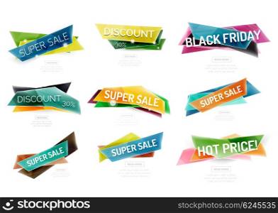 Set of colorful geometric shape sale banners. Set of colorful geometric shape sale banners with promotional ad text. Vector collection