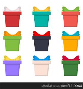 Set of colorful gift boxes, presents isolated on white background. Sale, shopping concept. Collection for Birthday, Christmas. Cartoon style. Vector illustration for any design.