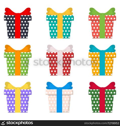 Set of colorful gift boxes, presents isolated on white background. Sale, shopping concept. Collection for Birthday, Christmas. Cartoon style. Vector illustration for any design.